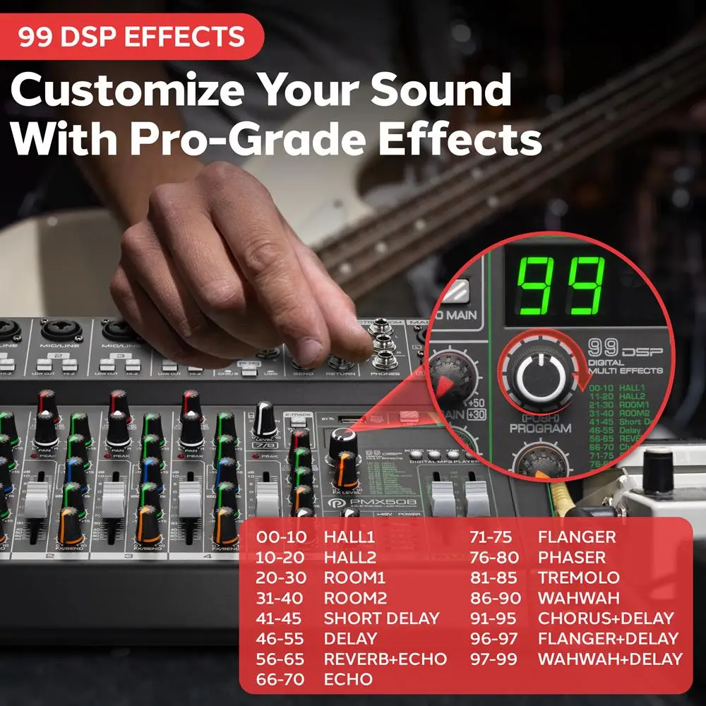 خلاط صوت ذو 8 قنوات، خلاط استوديو بلوتوث، متوافق مع MP3، مدخلات XLR، شاشة LED، تأثيرات رقمية