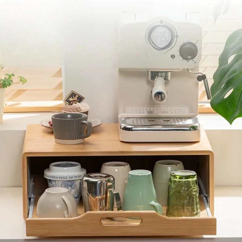 Bamboo Desktop Cup Shelf, Drawer Style Coffee Mug Cabinet, Mortise Tenon Layer Organizer, Smooth Rail Tabletop Riser