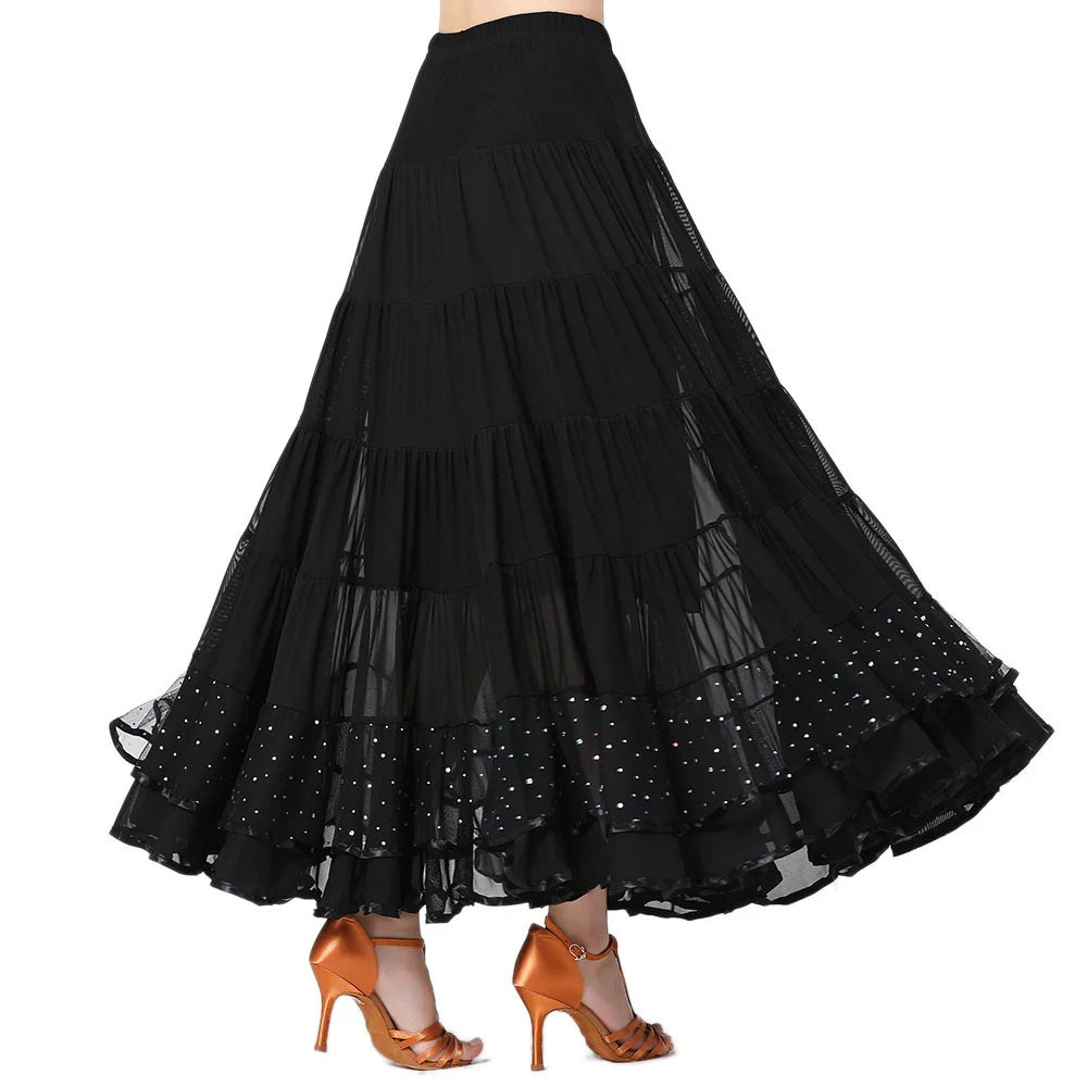 Modern Dance Skirt Ballroom Dance Clothes Sequin Mesh Long Skirt Dance Performance Dress Large Swing Skirt