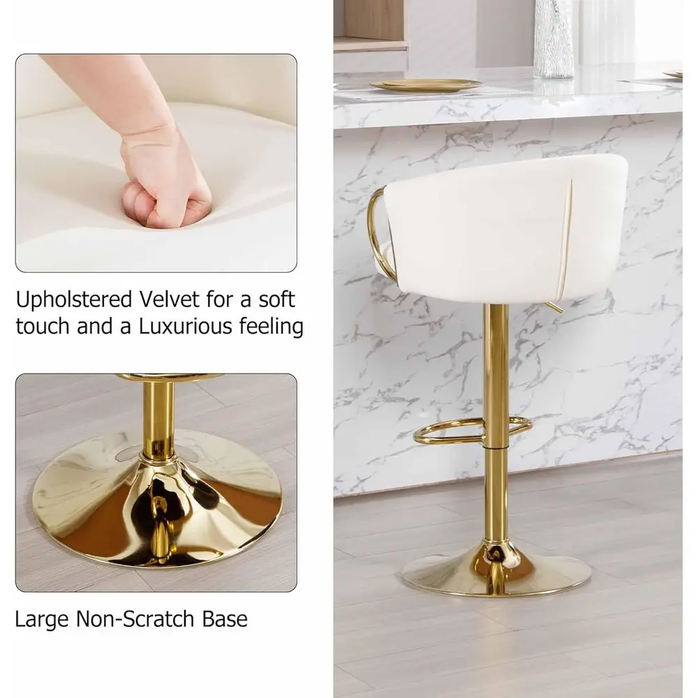 Набор из 4-х золотых бархатных поворотных барных стульев со спинками и подлокотниками, стульев с регулируемой высотой для кухонного острова или кафе, Cre