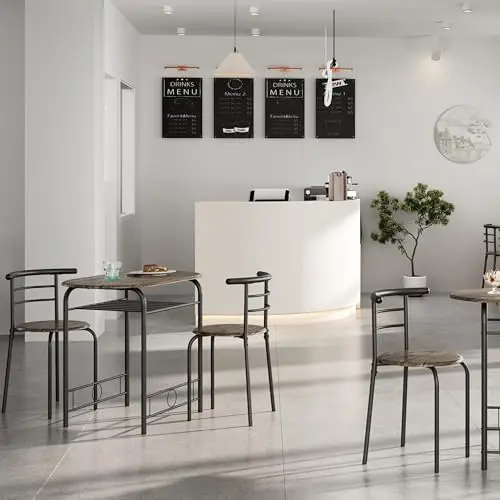 3 Piece Dining Table Set, Kitchen Table & Chair Sets for 2, Compact Bistro Table Set with Steel Legs, Built-in Wine