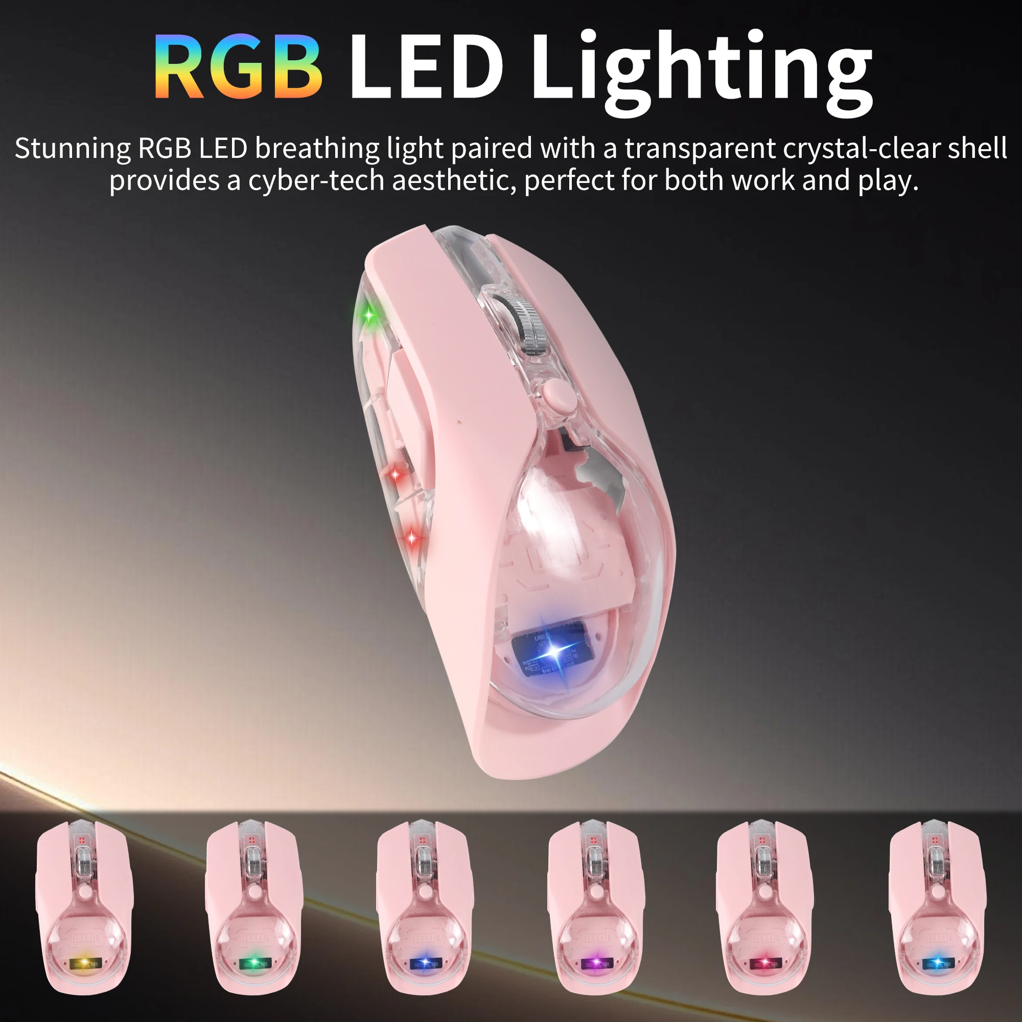 ماوس لاسلكي بإضاءة خلفية RGB 2.4G/بلوتوث/سلكي ثلاثي الوضع قابل لإعادة الشحن ماوس ألعاب كمبيوتر شفاف 3200 ديسيبل متوحد الخواص لأجهزة الكمبيوتر المحمولة