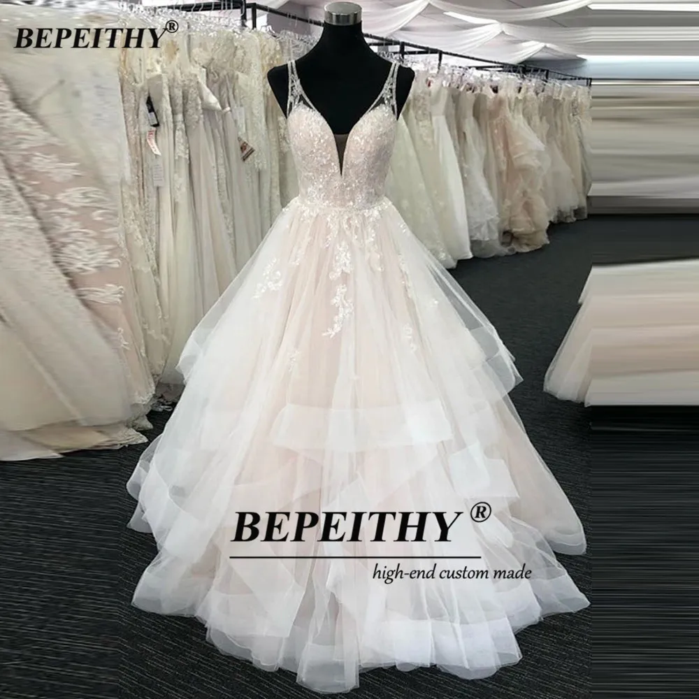 BEPEITHY-vestido de novia de corte en A para mujer, traje de novia personalizado, Sexy, Espalda descubierta, con volantes, color marfil champán, estilo bohemio, para playa, 2023