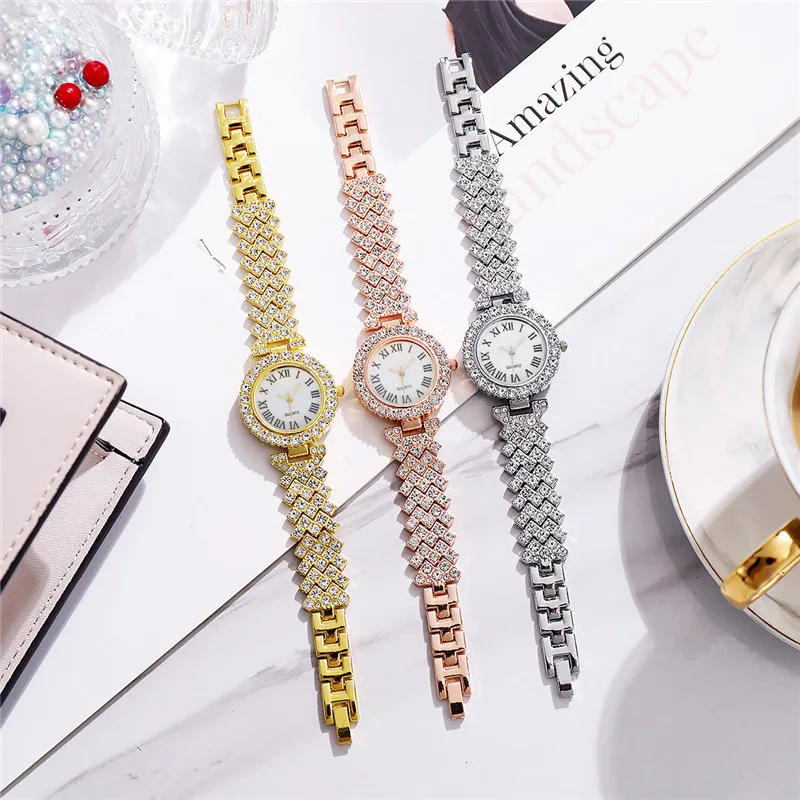 2PCS/Set Women\'s Watch Fashion Rhinestone Roma Dial Quartz Watches Stainless Steel Band Wrist Watch Bracelet Set