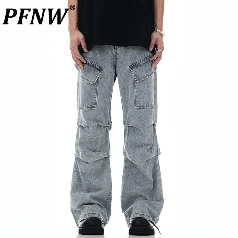 PFNW American Three-dimensional Multi Pocket Denim Workwear Pants Men's 2024 Trend High Street Pleated Loose Blue Jeans 28W3850