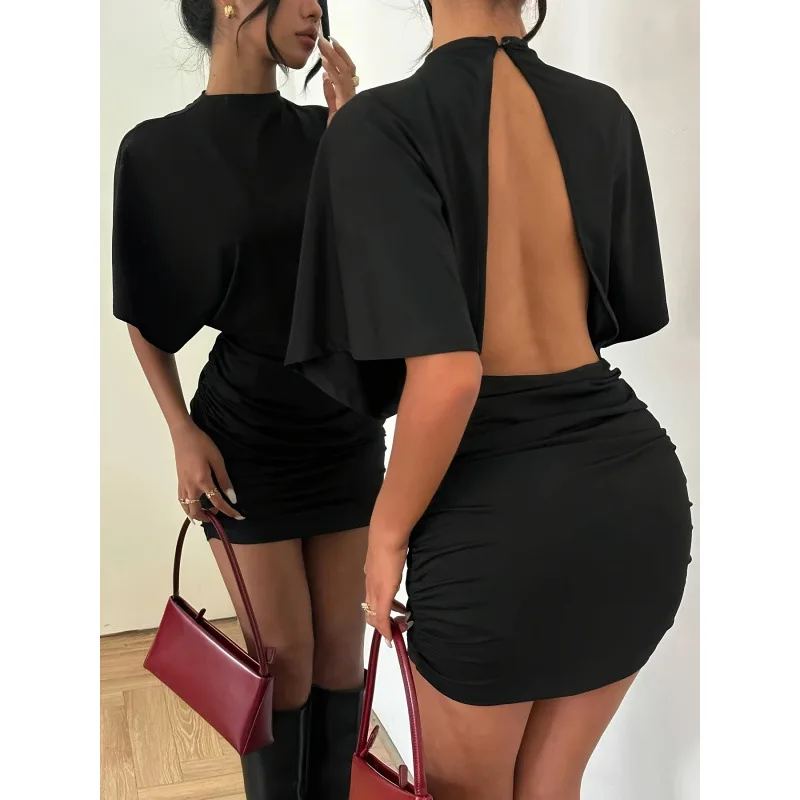 Women's New Summary Fashion Y2k Style Solid Color High Neck Erotogenic Backless Waist-cinching [unk]ruched[unk] Smart Mini Cloth