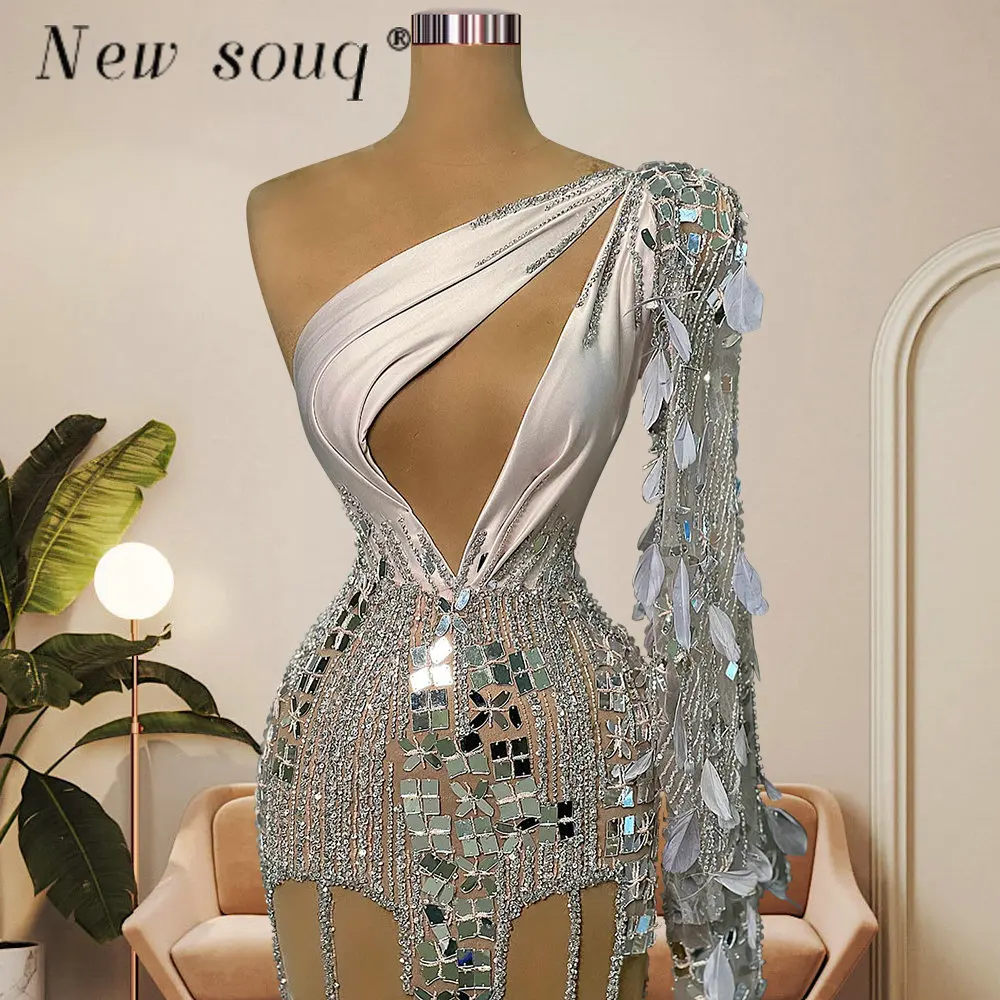 Arabic Fashion One Shoulder Mirror Crystals Feathers Mermaid Evening Dresses Sexy Illusion Sleeveless Stage Show Party Gowns