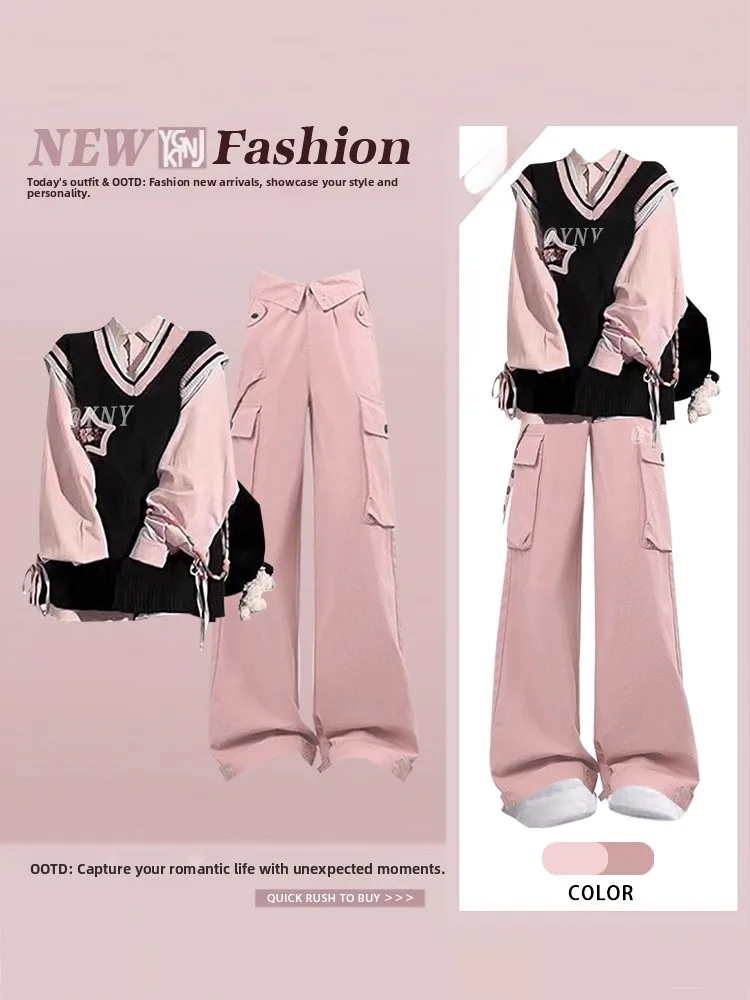 

Sweet School Style Three-Piece Set Versatile Shirt Color Block Vest High Waist Slimming Workwear Pants Autumn Fashion Women's...