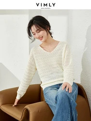 Vimly French Style V-neck Long Sleeve Knit Top for Women 2024 Spring Hollow Out Knitted Pullovers High Strecth Knitwear 72763