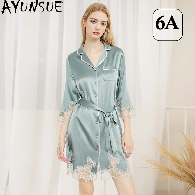 AYUNSUE 100% Mulberry Silk Sexy Sleepwear 19MM Real Silk Pajama Shirt Dress for Women 2026 Summer Clothes Streetwear Пижама
