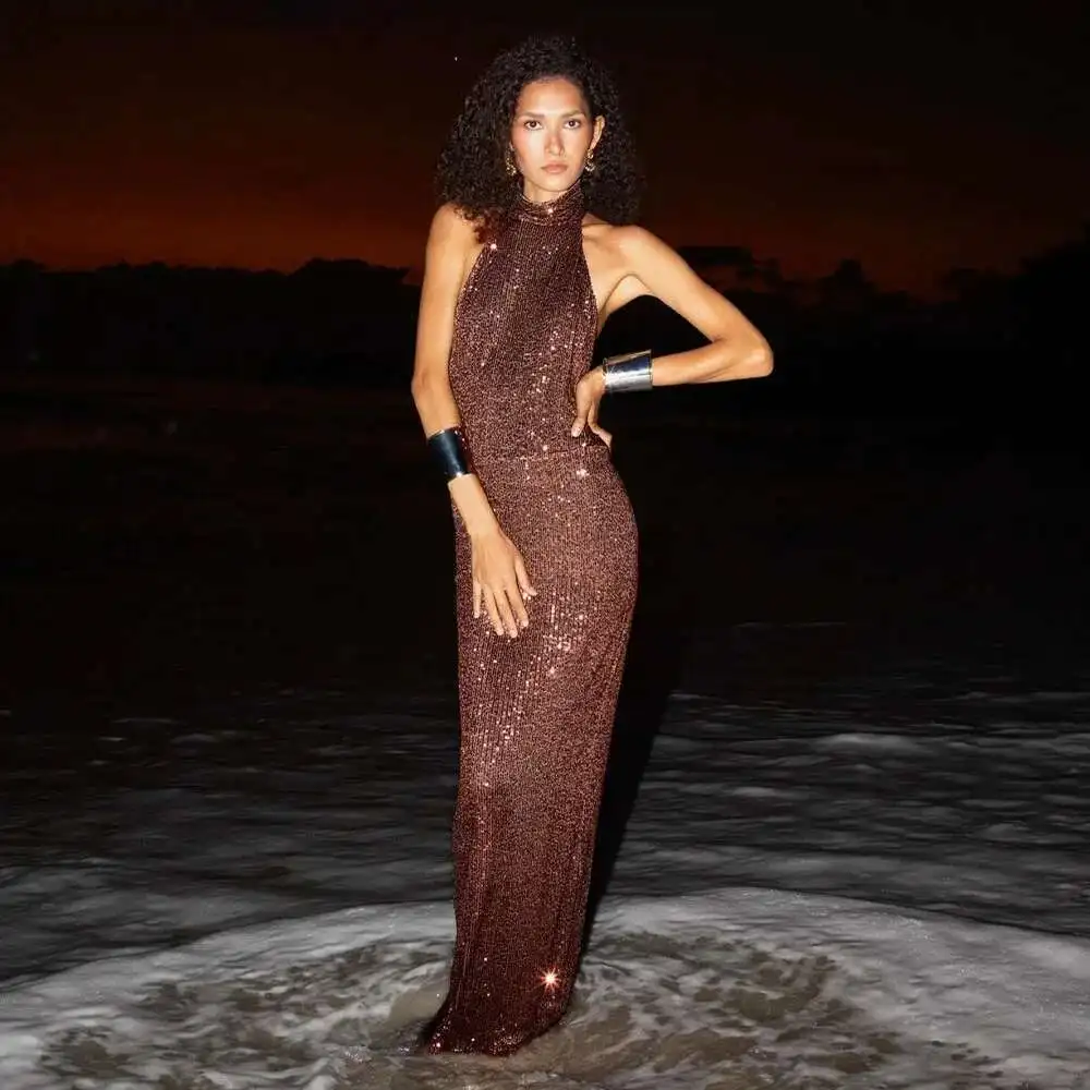 

Summer Yeni Stil Dar Kesim Kadın Uzun Etek Seksi Sırtı Açık Kolsuz Pulli Sivri Uçlu Elbise Summer Dress Robe Vestido Women Party