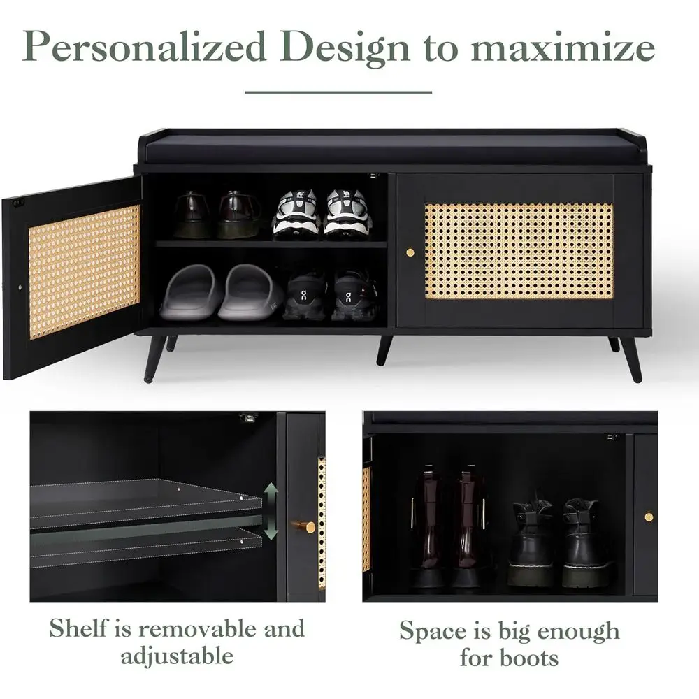 パッド入りシートシューズ収納キャビネット、39.3W x 13.8D x 18.9H、家庭用2ドア玄関家具