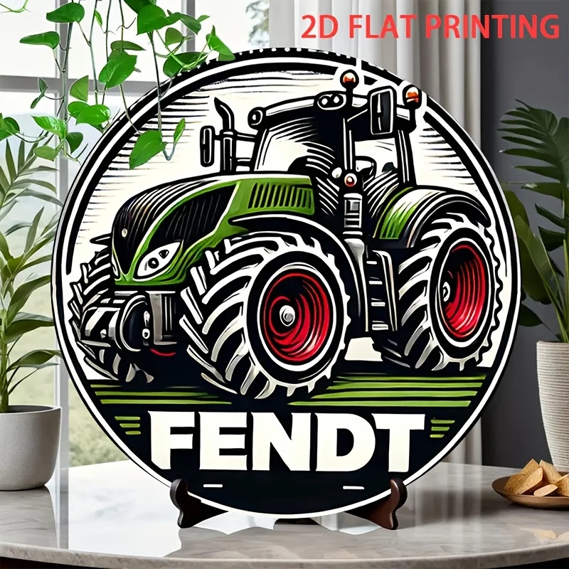 2D Flat, 1 Stück Fendt Traktor Vintage Metallblechschild – 20,32 x 20,32 cm runde Eisen-Wandkunst mit vorgebohrten Löchern, linke und rechte Seite