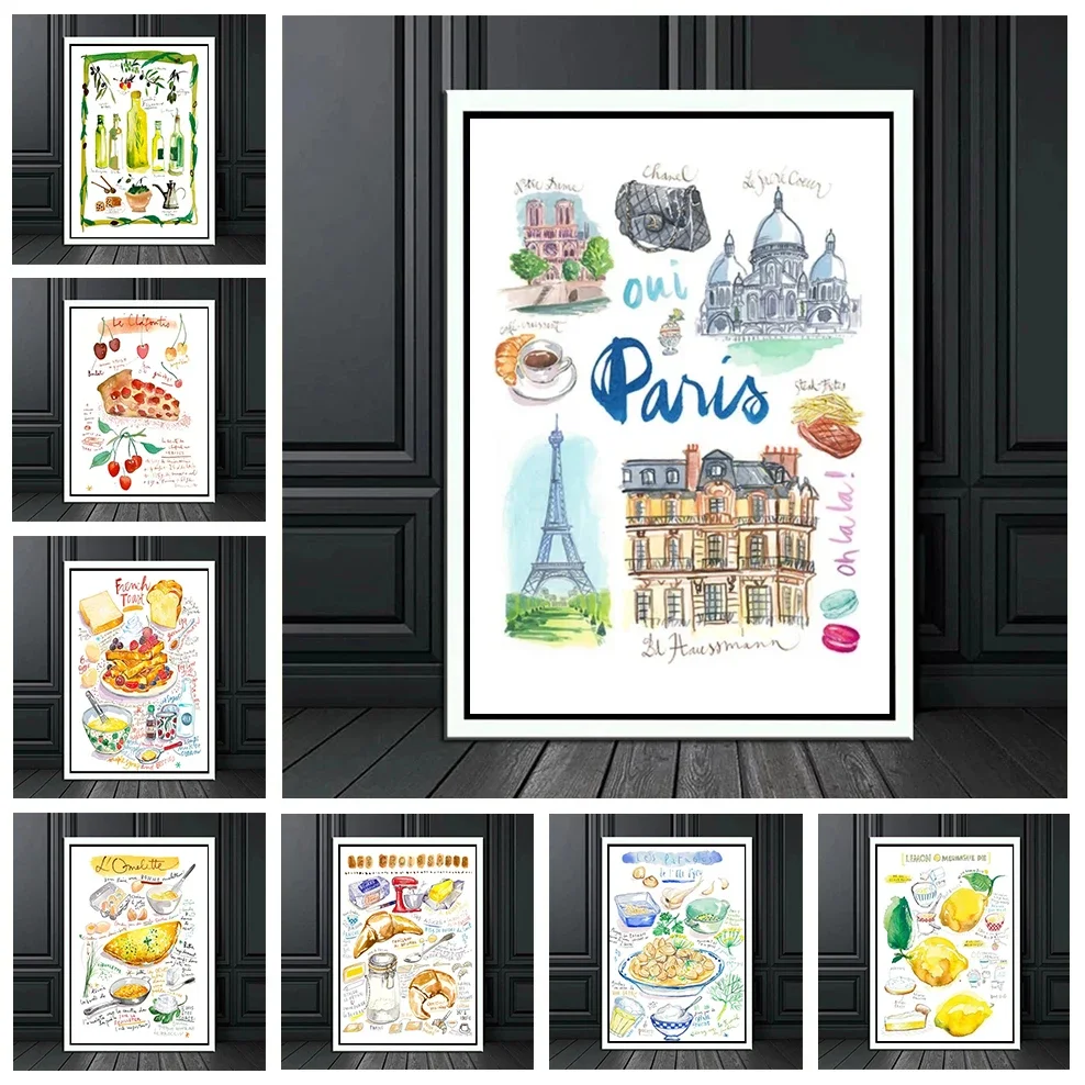 Französisch Essen Poster Ernies Suppe Clafoutis Tartif lette Quiche Lorraine Crêpe Leinwand Malerei Wand plakate Küche Wohnkultur