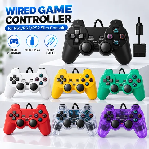 Wired Controller for PS1/PS2/PS2 Slim Console Transparent Dual Motor Vibration Gamepad Joystick Gaming Controller Accessories
