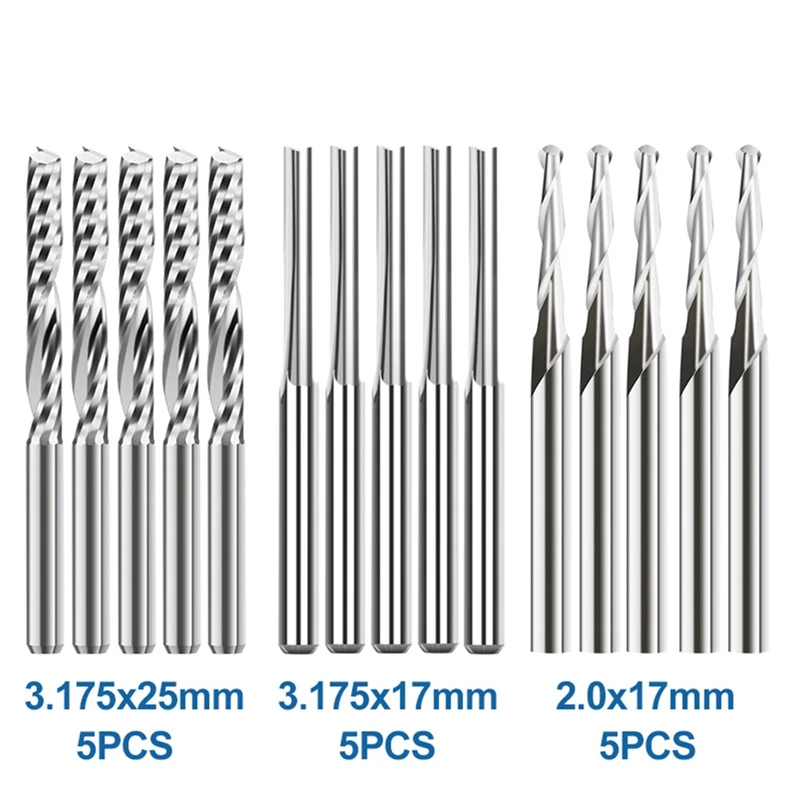 엔드 밀 조각 비트 세트, 목공 아크릴 절단용 CNC 라우터 비트, 3.175/2mm 생크 카바이드 밀링 커터, 15 개