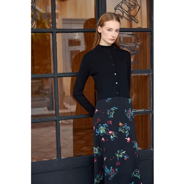 AP Women 2026 Autumn and Winter New Printing Satin Dress Knitting Cardigan Mock Neck Modal Shirt