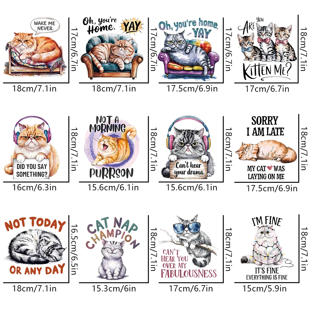 12pcs Cute Cat Iron on Transfer Stickers - Humorous Language Vinyl Decals for T-Shirts,Jeans and Backpacks