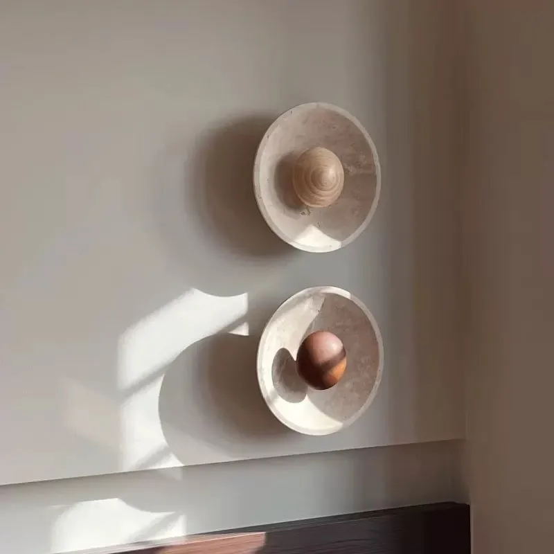 Wabi‑Sabi Travertine Marble Wall Lamp Designer Retro Solid Wood Wall Sconce Background Wall Light Live Room  Room Home Decor
