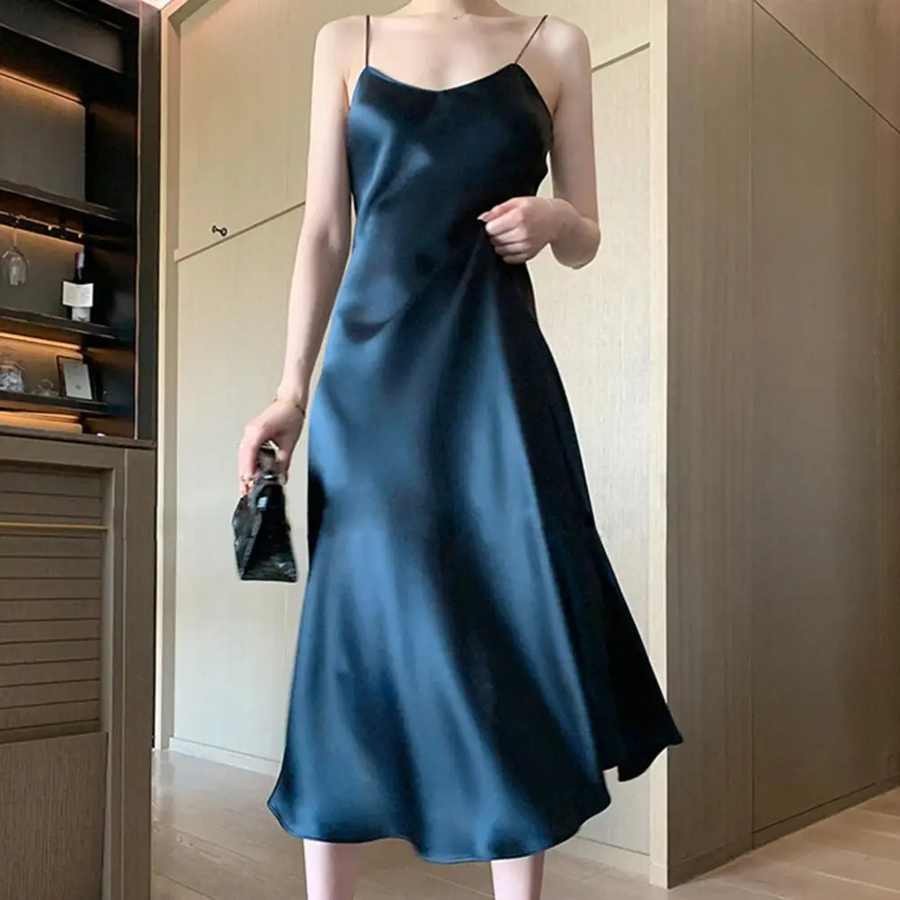 

Sexy Strappy Dress Solid Color Slim Fit Women Evening Dress Silky Nightdress Strappy Dress