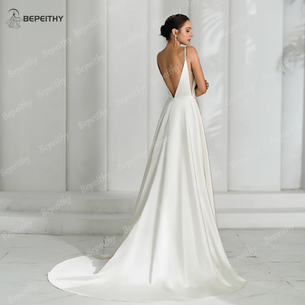 BEPEITHY Customized Simple Satin V Neck Wedding Dresses For Women Party Sleeveless Sexy Backless Bride White Bridal Gown Vesti