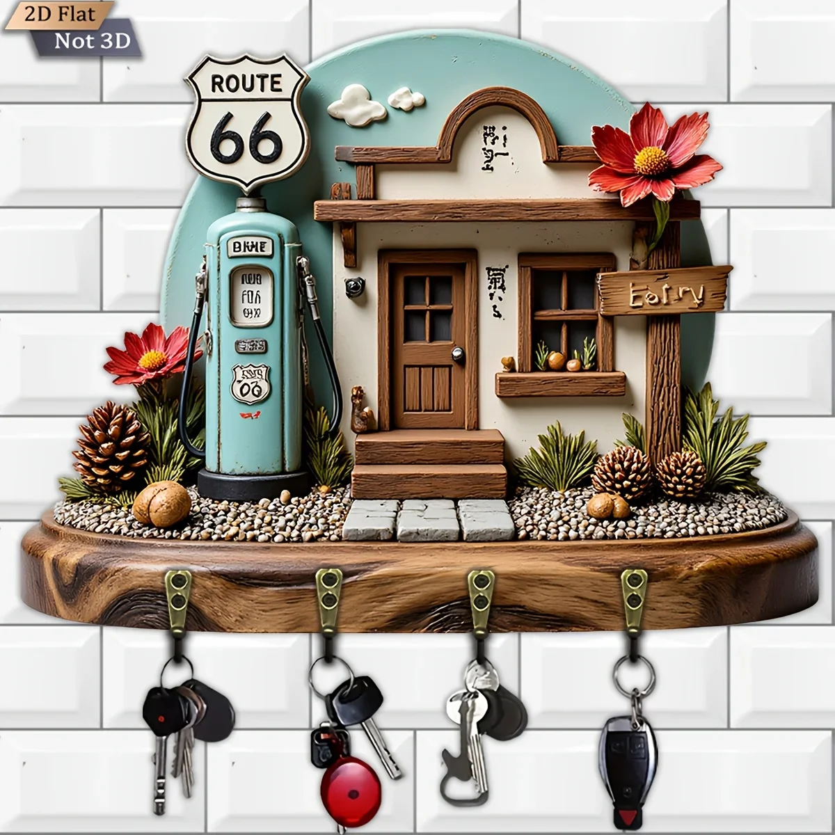 2D Flat, 1pc, Route 66 Themed Key Hook, Wooden Multi-Functional Home Key Hanger with Four Metal Hooks, Wall Decoration, Porch