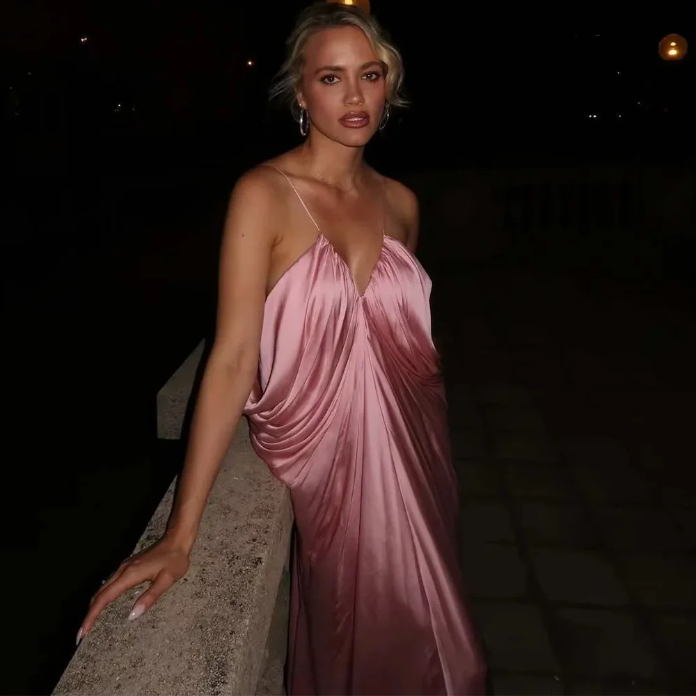 KONDALA 2025 Spring Summer Draped Beach Style Women Dresses Fashion Streetwear V Neck Solid Loose Ladies Sleeveless Cami Dresses