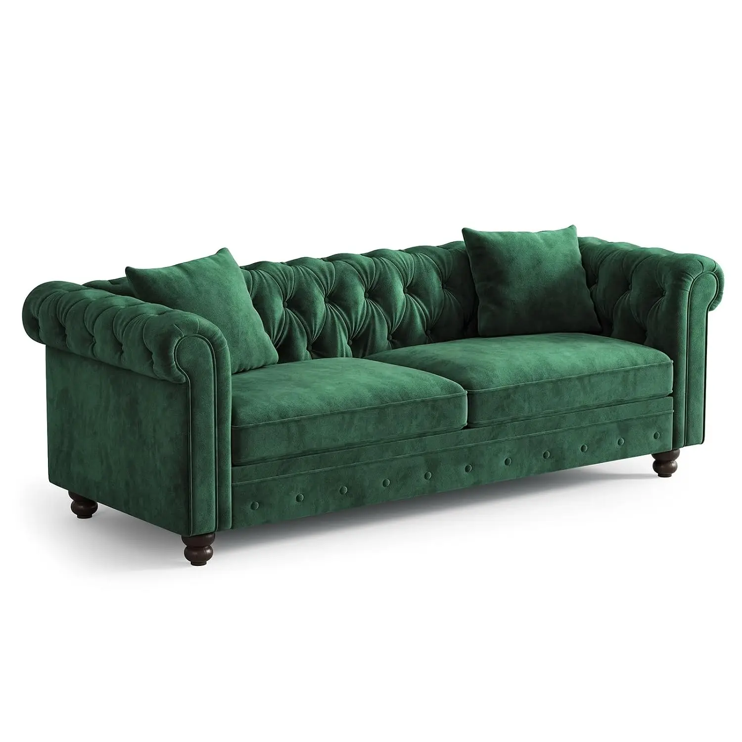 82 Inch Deep Seat Sofa, Button Tufted Velvet Couch With Rolled Arms & 2 Pillows, Apartment , Green, Customized