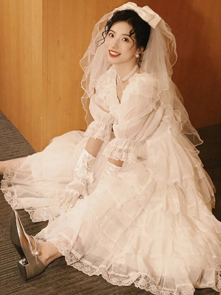 

Ele White Wedding Dr 2025 New Sle Princ Aosphere Engagement Dr for ort Women Long Sve A-Line Skirt