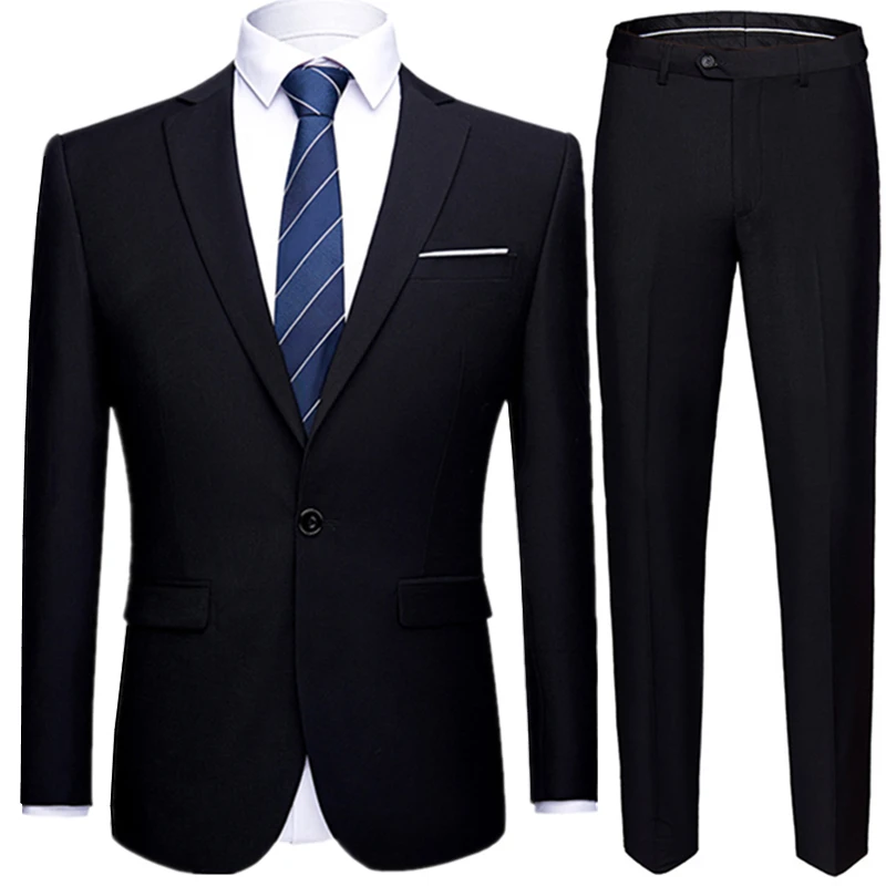 2023 New Men\'s Boutique Single Button Black Collar Suit Pants 2 Pcs Set / Male Slim Professional Blazers Jacket Coat Trousers