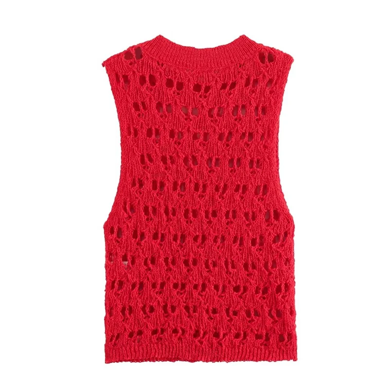 KEYANKETIAN 2024 New Launch Women's Hollow out Red Sweater Vest Summer Holiday wind O-Neck Sleeveless Slim Pullover Knitted Top