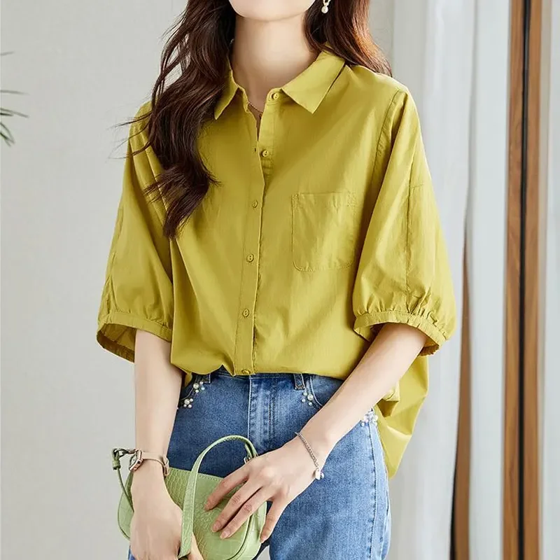 

Fashion Single-breasted Blouse Half Sleeve Casual Loose Women's Clothing Pockets Spliced Polo-Neck Summer Solid Color Shirt B553