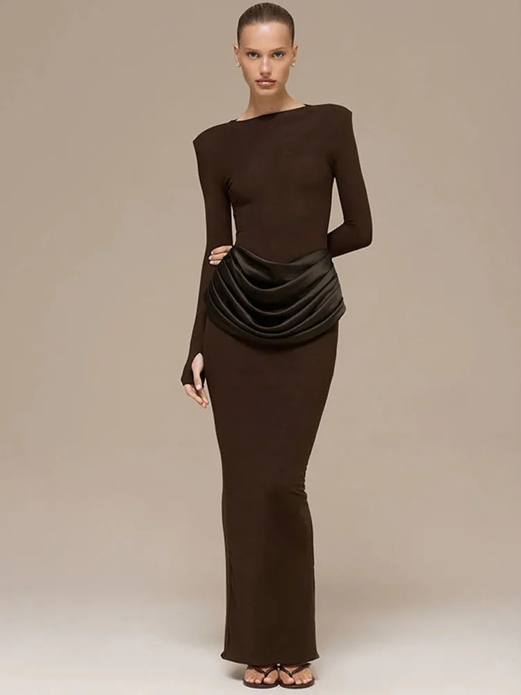 

BKQU Elegant Long Sleeve Patchwork Satin Women Maxi Dress O-Neck Bodycon High Waist Ruched Sexy Slit Party Club Dress Gown 2026