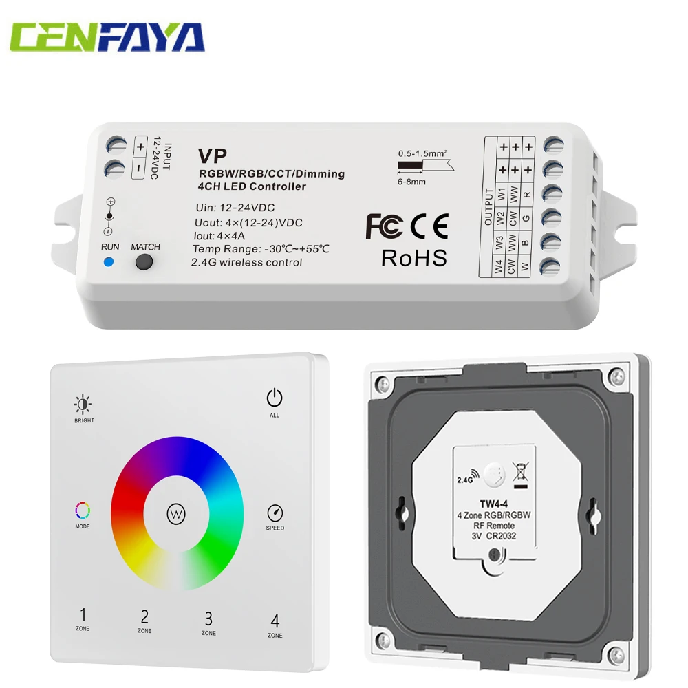 

CENFAYA Wireless 2.4G RF 4 Zones RGBW Wall Mounted Smart Panel Remote Work with 4CH LED Controller Dimmer For COB RGBW LED Strip