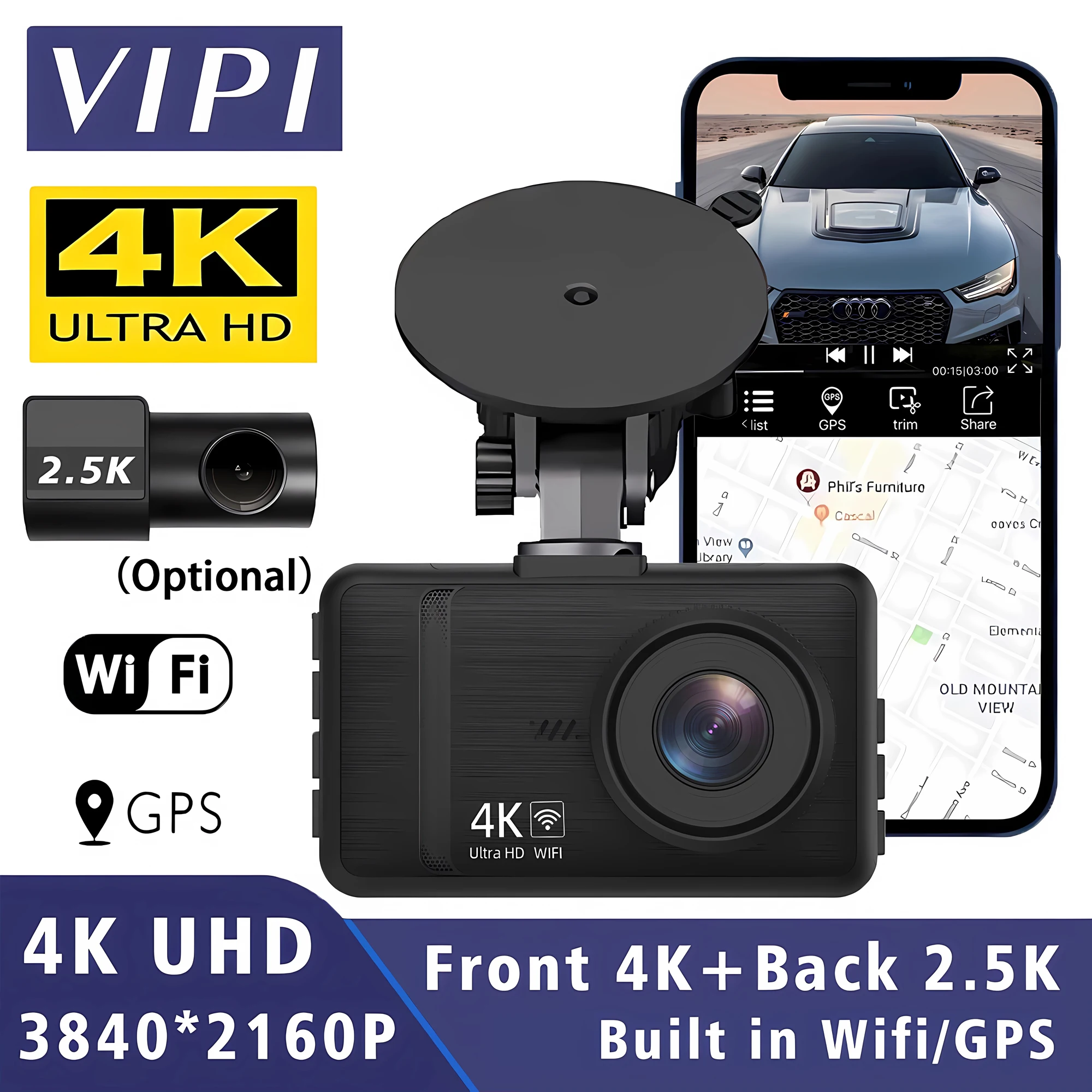 

Передняя 4K и задняя видеорегистратор 2,5K со встроенным WIFI GPS и двумя объективами Мини-автомобильный видеорегистратор 24H Монитор парковки Черный ящик Камера для комнаты ночного видения