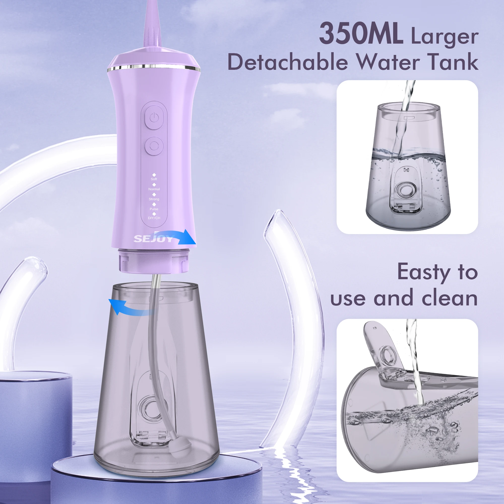 Sejoy Portable Oral Irrigator Rechargeable Dental Water Flosser 7 Nozzles Water Jet 350ml Water Tank 5 Modes Waterproof IPX7