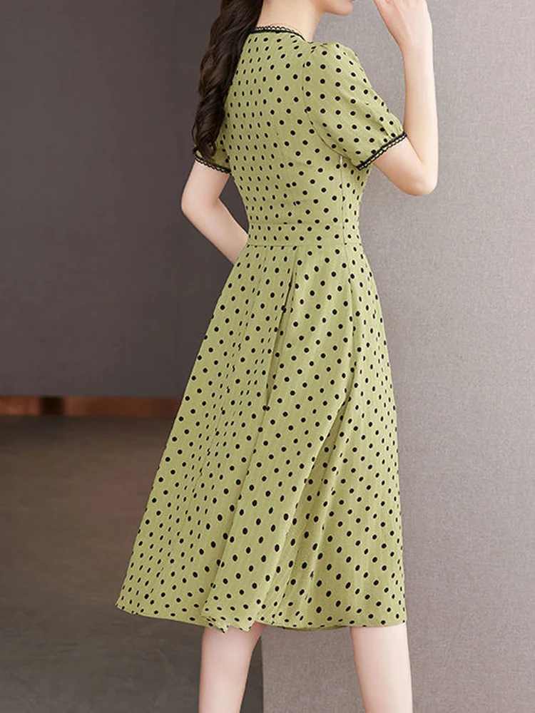 Robe mi-longue élégante pour femmes, tenue de bureau à pois, manches courtes, col en v, manches courtes, classique, assortie avec tout, nouvelle collection été