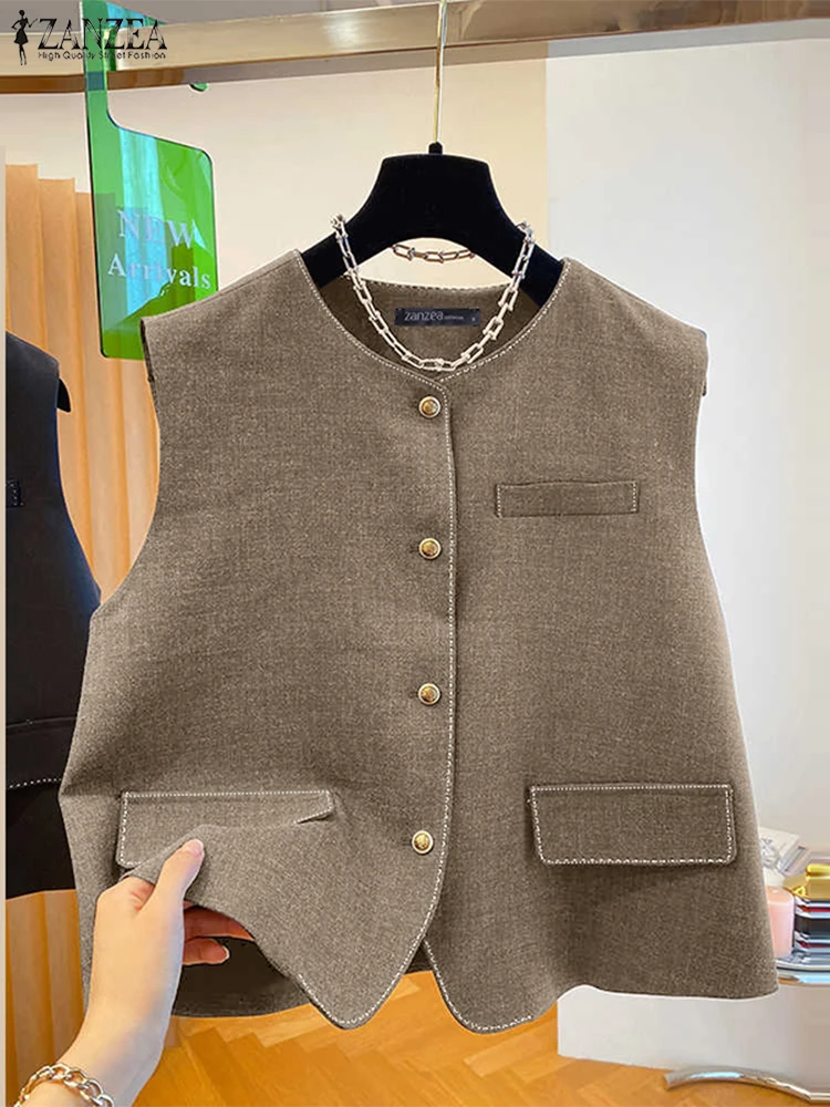 

ZANZEA 2025 Fashion Vests Women Thin Coats Sleeveless Outerwear Casual Loose Solid Color Elegant Streetwear Summer Buttons Shirt