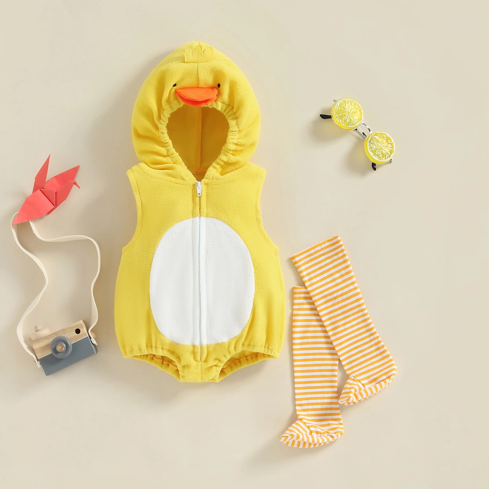 Cute Baby Girls  Hooded Romper Sleeveless Zip Up Animal Chick Romper with Striped Socks Cosplay Costume Baby Photographic Props