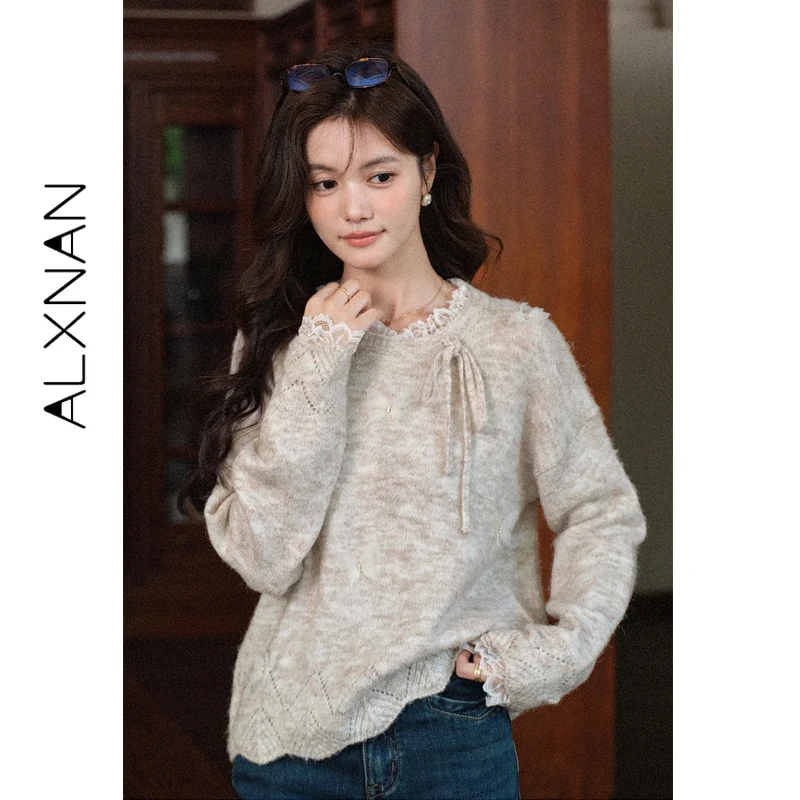 

ALXNAN Women's Sweater Lace-trim Patchwork Drawstring Butterfly Knitted Pullover Loose-fit Soft Casual Female Clothing QJD00610