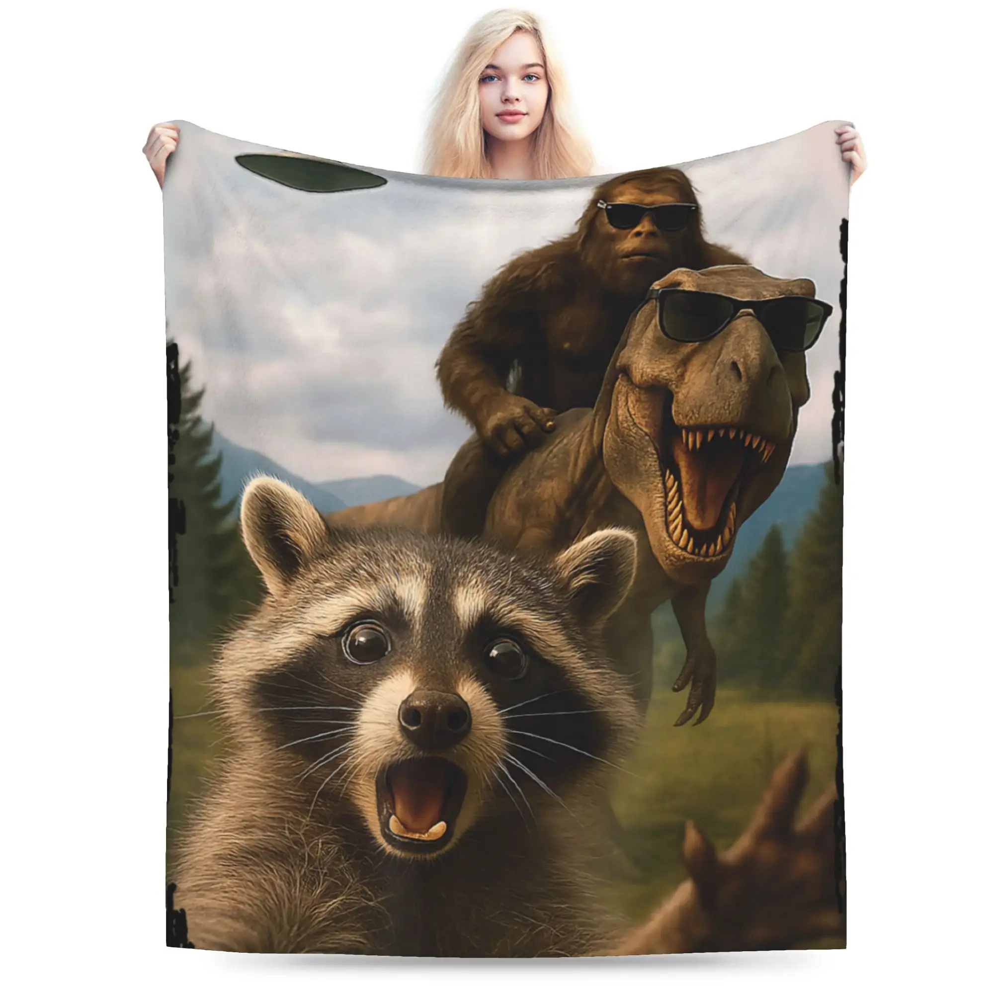 Funny Bigfoot Ride Dinosaur Raccoon Blanket Cozy Soft  Throw Blankets for Couch 50x60 Inch Multi-size Bedspreads