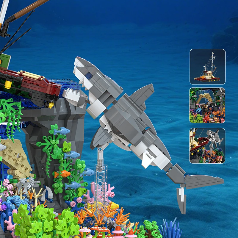 創造的な建築水中遺物ビルディングブロックモデルキットサメ難破船建設レンガのおもちゃコレクションライト付き