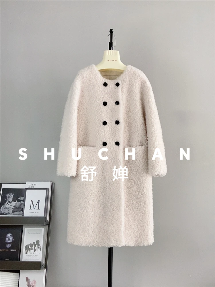 معطف صوف 100% للسيدات جديد دافئ فضفاض للخريف والشتاء جديد من فرو الضأن الفرنسي الخالص برقبة دائرية طويلة متكاملة