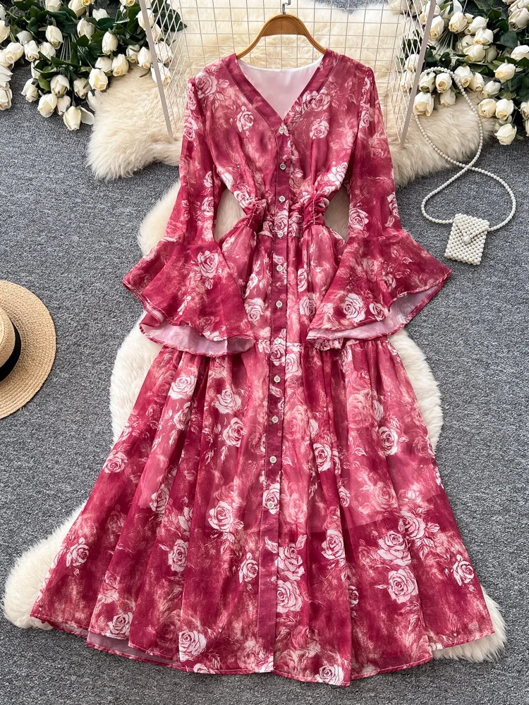 Vacation Style Rose Print V-Neck Long Sleeve Dress Women's Korean Version Tie Waist Slimming Maxi Dress Commute Polyester Fiber