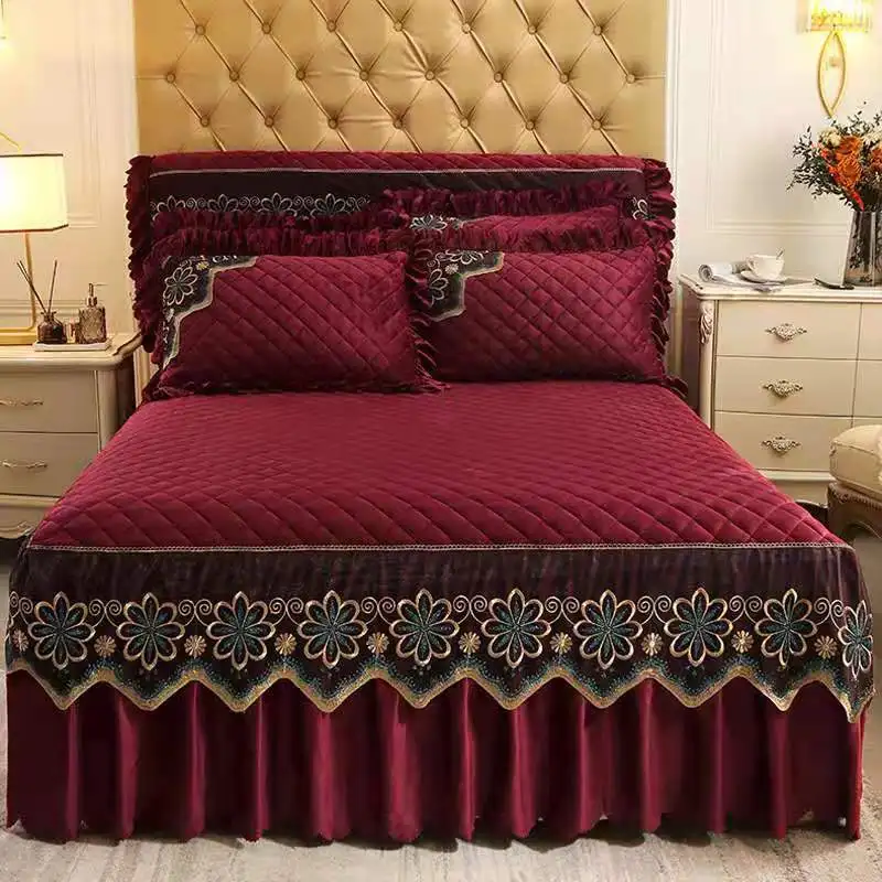 European Luxury Quilted Bed Skirt Winter Warm Thicken Velvet Bedspread King Good Hand Feeling Bed Skirt Not Included Pillowcase