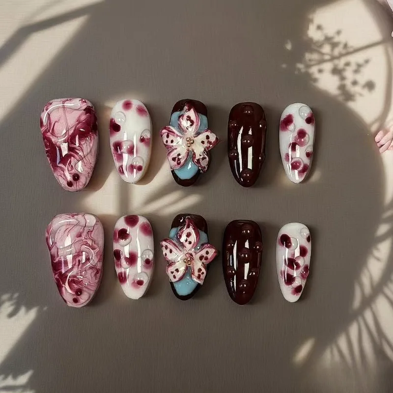 

10Pcs Red Handmade Nails 3D Carved White Flower Fake Nails Mid-Length Almond Shape Press on Nails Spotting Design Manicure Arts