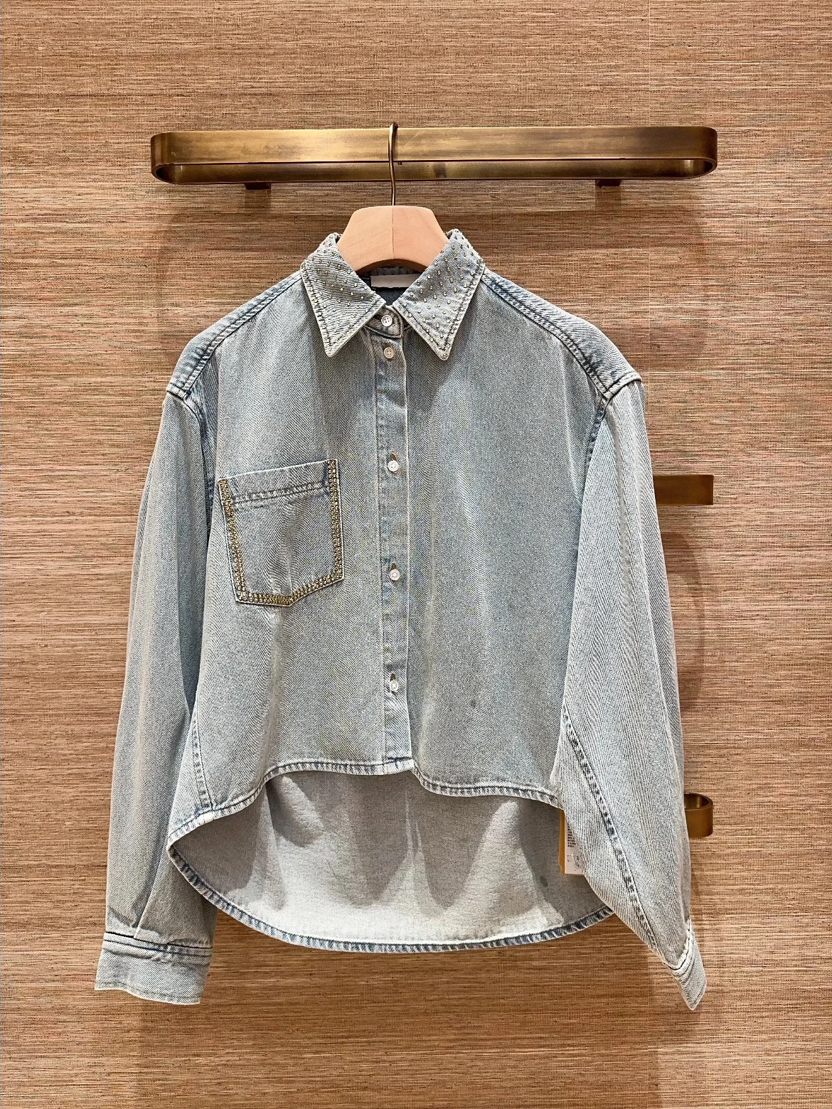 

Fashionable Light Blue Rhinestone Collar Shirt Asymmetrical Short Front Long Back Casual Loose Fit Cotton Long Sleeve Women's...