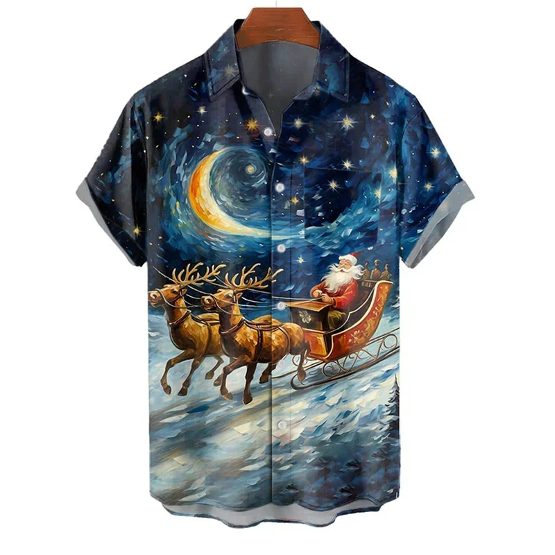 

2025: мужская повседневная модная рубашка с короткими рукавами, рождественская вечеринка Санта-Клауса, семья