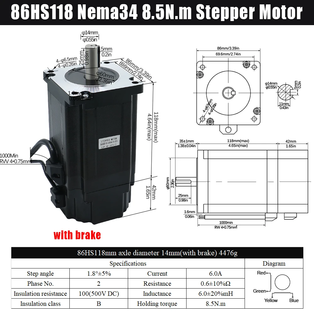MHCNC Nema34 118mm 8.5Nm Open Loop DC Stepper Motor Kit with DM860H Driver for CNC Router Robot Arm 3D Printer
