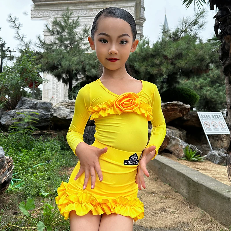 Girls Yellow Latin Dance Clothes Long Sleeve Performance Costume Kids Latin Dress ChaCha Samba Rumba Practice Clothing DL11011